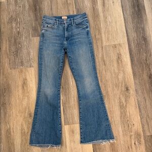 MOTHER Mid Blue High-Rise Flare Jeans with Frayed Hem